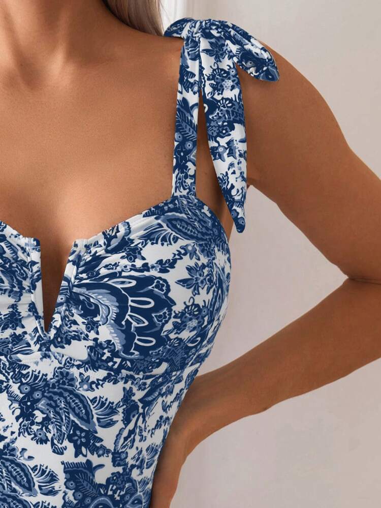 Swim Basics 1pc Women's Solid & Floral Print Knotted Spaghetti Strap Monokini Swimsuit For Summer Beach Vacation - Navy Blue - View 3