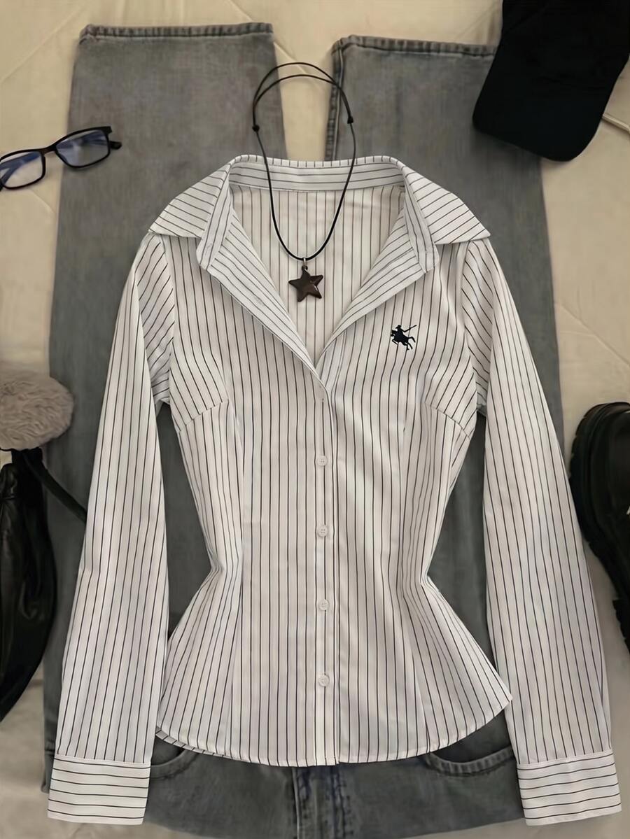 IslaSuriya Women's Striped Knight Pattern Casual Everyday Shirt - White - View 1