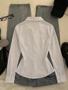 IslaSuriya Women's Striped Knight Pattern Casual Everyday Shirt - White - View 2
