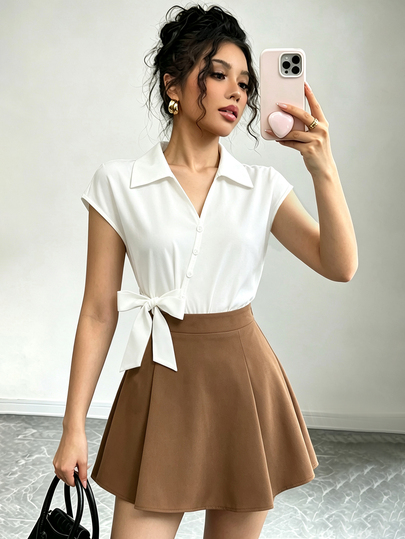 SHEIN Elenzya 新款V领仿门襟装饰系带设计纯色梭织优雅修身两件套女装，百搭日常穿着