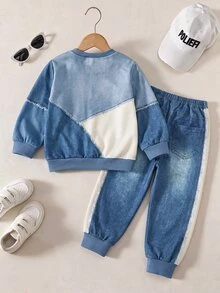 2pcs Boys Fall Style Blue White Color Block Sweatshirt & Pants Set NY Letter Print Casual Autumn Winter - Multicolor - View 2