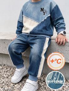 2pcs Boys Fall Style Blue White Color Block Sweatshirt & Pants Set NY Letter Print Casual Autumn Winter - Multicolor - View 1