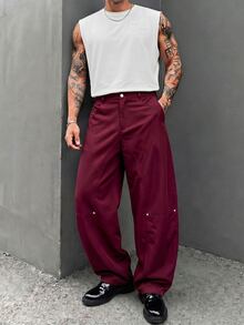 Manfinity RebelGame Men's Solid Color Pocket Button Casual Versatile Daily Travel Long Pants - Burgundy - View 8