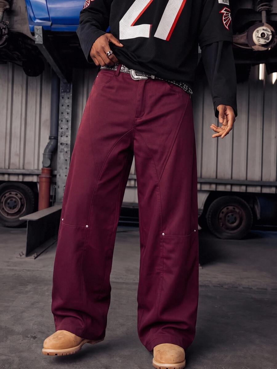 Manfinity RebelGame Men's Solid Color Pocket Button Casual Versatile Daily Travel Long Pants - Burgundy - View 1