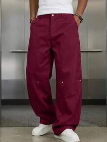 Manfinity RebelGame Men's Solid Color Pocket Button Casual Versatile Daily Travel Long Pants - Burgundy - View 6