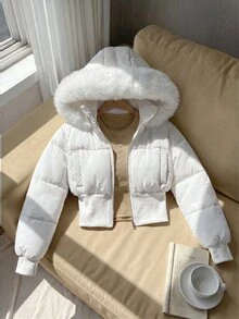 Elamini 女士时尚杏色拼接短款皮草连帽收腰立领长袖短款棉服外套，适合秋冬季 - 白色 - 查看 2