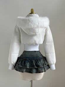 Elamini 女士时尚杏色拼接短款皮草连帽收腰立领长袖短款棉服外套，适合秋冬季 - 白色 - 查看 3