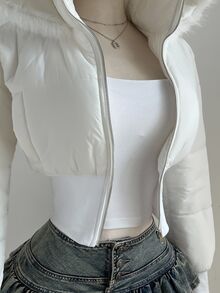 Elamini 女士时尚杏色拼接短款皮草连帽收腰立领长袖短款棉服外套，适合秋冬季 - 白色 - 查看 7
