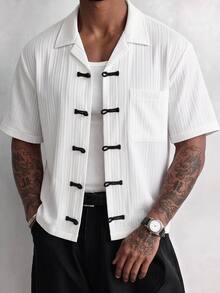 GENTILAND Men's White And Black Frog Button Short Sleeve Shirt, Mandarin Style, Relaxed Fit Summer Vacation Casual - White - View 8