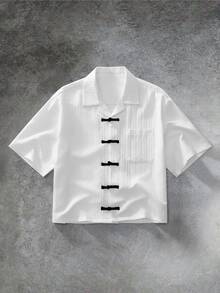 GENTILAND Men's White And Black Frog Button Short Sleeve Shirt, Mandarin Style, Relaxed Fit Summer Vacation Casual - White - View 2