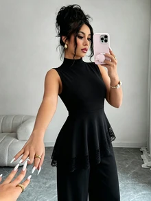 Elenzga 女款春夏新款時尚針織無袖上衣 蕾絲下擺拼接 直筒寬腿褲 休閒優雅通勤兩件套 - 黑色 - 查看 4