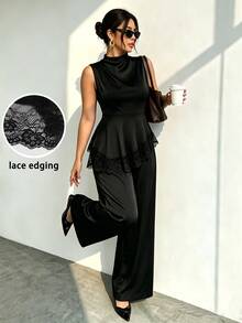 Elenzga 女款春夏新款時尚針織無袖上衣 蕾絲下擺拼接 直筒寬腿褲 休閒優雅通勤兩件套 - 黑色 - 查看 3