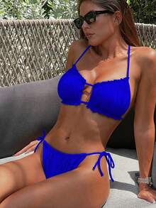 SHEIN Swim Solid Color Ruffled Hem Bikini Swimsuit, Sexy For Beach Vacation - Royal Blue - View 2