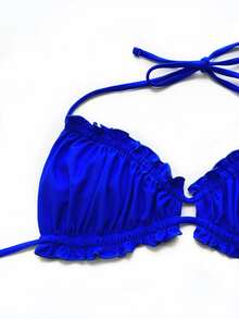 SHEIN Swim Solid Color Ruffled Hem Bikini Swimsuit, Sexy For Beach Vacation - Royal Blue - View 4