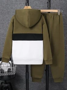 SHEIN 2件組兒童青少年男孩休閒運動拼接配色連帽開襟長袖衛衣外套與長褲套裝，適合通勤、上學、日常休閒、度假、旅行、運動，秋冬穿著 - 軍綠色 - 查看 5