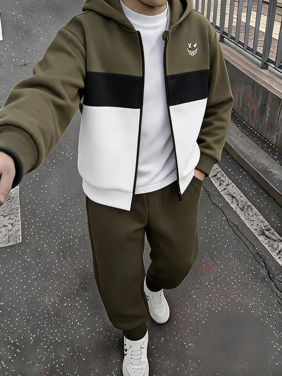 SHEIN 2件組兒童青少年男孩休閒運動拼接配色連帽開襟長袖衛衣外套與長褲套裝,適合通勤、上學、日常休閒、度假、旅行、運動,秋冬穿著 - 軍綠色 - 查看 1