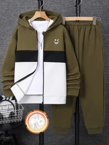 SHEIN 2件組兒童青少年男孩休閒運動拼接配色連帽開襟長袖衛衣外套與長褲套裝，適合通勤、上學、日常休閒、度假、旅行、運動，秋冬穿著 - 軍綠色 - 查看 2