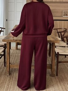 SHEIN LUNE Plus Size Women's Autumn/Winter Woven Tape Patchwork Drop Shoulder Colorblock Sweatshirt & Sweatpants Casual Commute Set Fall - Burgundy - View 3