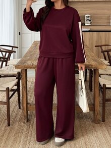 SHEIN LUNE Plus Size Women's Autumn/Winter Woven Tape Patchwork Drop Shoulder Colorblock Sweatshirt & Sweatpants Casual Commute Set Fall - Burgundy - View 4