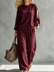 SHEIN LUNE Plus Size Women's Autumn/Winter Woven Tape Patchwork Drop Shoulder Colorblock Sweatshirt & Sweatpants Casual Commute Set Fall - Burgundy - View 2
