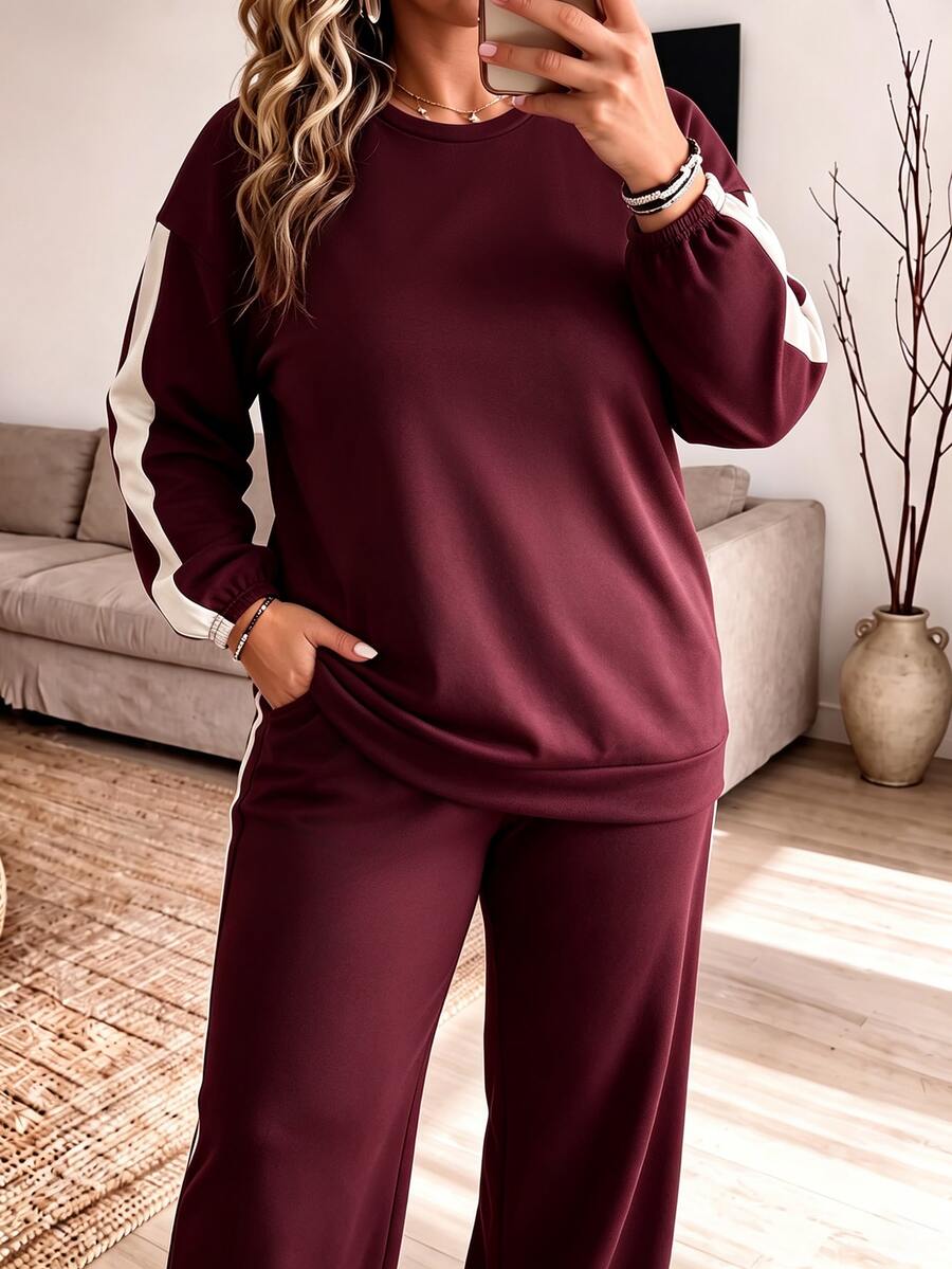 SHEIN LUNE Plus Size Women's Autumn/Winter Woven Tape Patchwork Drop Shoulder Colorblock Sweatshirt & Sweatpants Casual Commute Set Fall - Burgundy - View 1