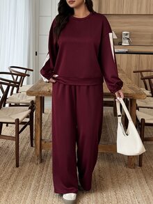 SHEIN LUNE Plus Size Women's Autumn/Winter Woven Tape Patchwork Drop Shoulder Colorblock Sweatshirt & Sweatpants Casual Commute Set Fall - Burgundy - View 5