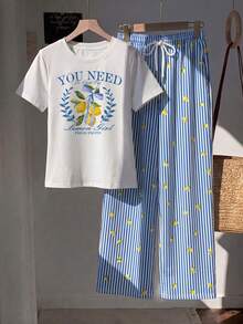 Comfortcana 2pcs Set Embroidered Round Neck Short Sleeve Top And Striped Print Pants, Casual Vacation Lemon Blue And White Summer - Multicolor - View 5
