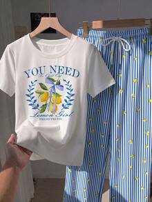 Comfortcana 2pcs Set Embroidered Round Neck Short Sleeve Top And Striped Print Pants, Casual Vacation Lemon Blue And White Summer - Multicolor - View 4