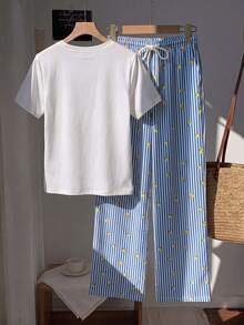 Comfortcana 2pcs Set Embroidered Round Neck Short Sleeve Top And Striped Print Pants, Casual Vacation Lemon Blue And White Summer - Multicolor - View 2