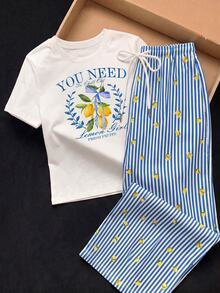 Comfortcana 2pcs Set Embroidered Round Neck Short Sleeve Top And Striped Print Pants, Casual Vacation Lemon Blue And White Summer - Multicolor - View 6