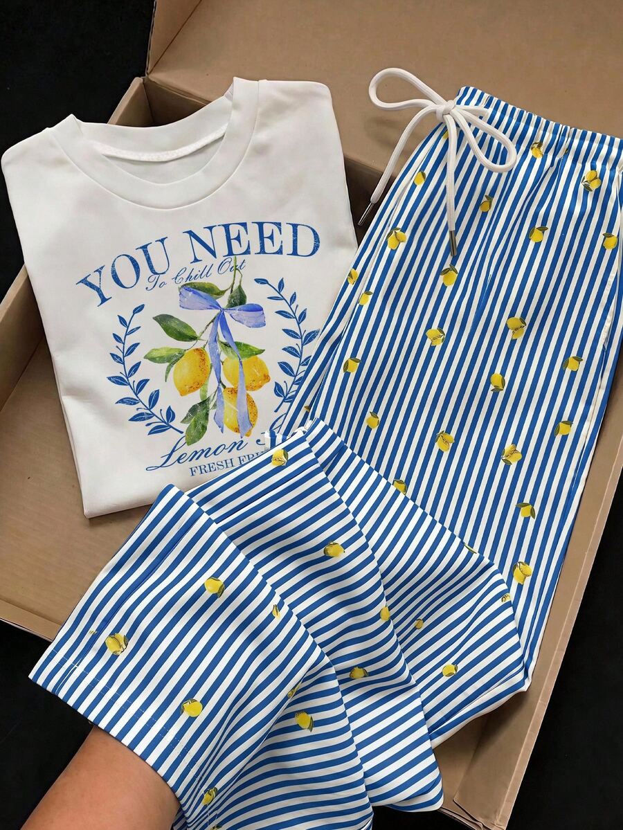 Comfortcana 2pcs Set Embroidered Round Neck Short Sleeve Top And Striped Print Pants, Casual Vacation Lemon Blue And White Summer - Multicolor - View 1