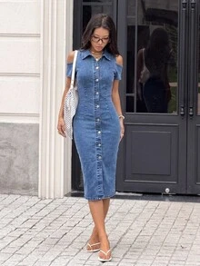 Rivivi Women's Casual Commute Hollow Out Denim Maxi Dress - Light Wash - View 5
