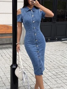 Rivivi Women's Casual Commute Hollow Out Denim Maxi Dress - Light Wash - View 4