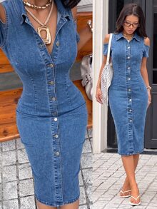 Rivivi Women's Casual Commute Hollow Out Denim Maxi Dress - Light Wash - View 1