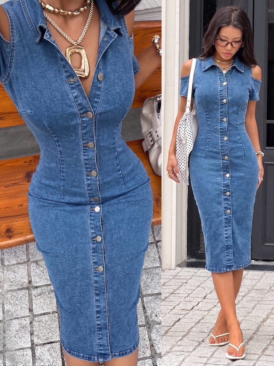 Rivivi Women's Casual Commute Hollow Out Denim Maxi Dress - Light Wash - View 1