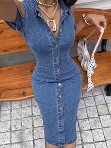 Rivivi Women's Casual Commute Hollow Out Denim Maxi Dress - Light Wash - View 7