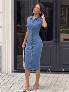 Rivivi Women's Casual Commute Hollow Out Denim Maxi Dress - Light Wash - View 6