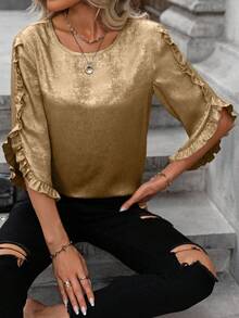 SHEIN Clasi Ruffled Cuff Glossy Fabric Casual Office Shirt For New Year Holiday Party Clothes - Gold - View 3