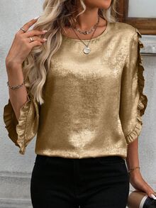 SHEIN Clasi Ruffled Cuff Glossy Fabric Casual Office Shirt For New Year Holiday Party Clothes - Gold - View 4