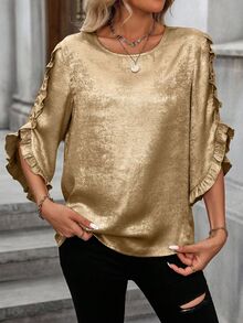 SHEIN Clasi Ruffled Cuff Glossy Fabric Casual Office Shirt For New Year Holiday Party Clothes - Gold - View 5