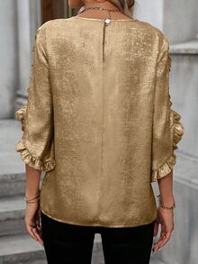 SHEIN Clasi Ruffled Cuff Glossy Fabric Casual Office Shirt For New Year Holiday Party Clothes - Gold - View 2