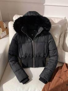 Elamini 女士时尚杏色复古拼接短款皮草连帽束腰立领长袖短款棉服外套，适合秋冬季 - 黑色 - 查看 7