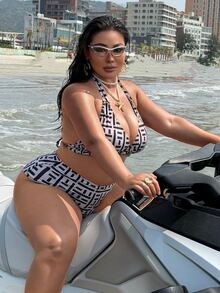 SHEIN Swim Curve 大码条纹印花比基尼两件套泳衣，度假沙滩装 - 彩色 - 查看 6