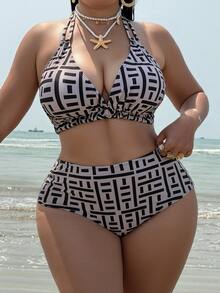 SHEIN Swim Curve 大码条纹印花比基尼两件套泳衣，度假沙滩装 - 彩色 - 查看 4