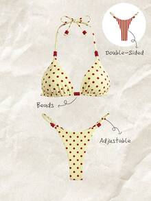 Elavelle Springbreak Women Beachwear Party Summer Outfits Solid Color Spaghetti Strap Sexy Bikini Set Red And White Polka Dot - Multicolor - View 1