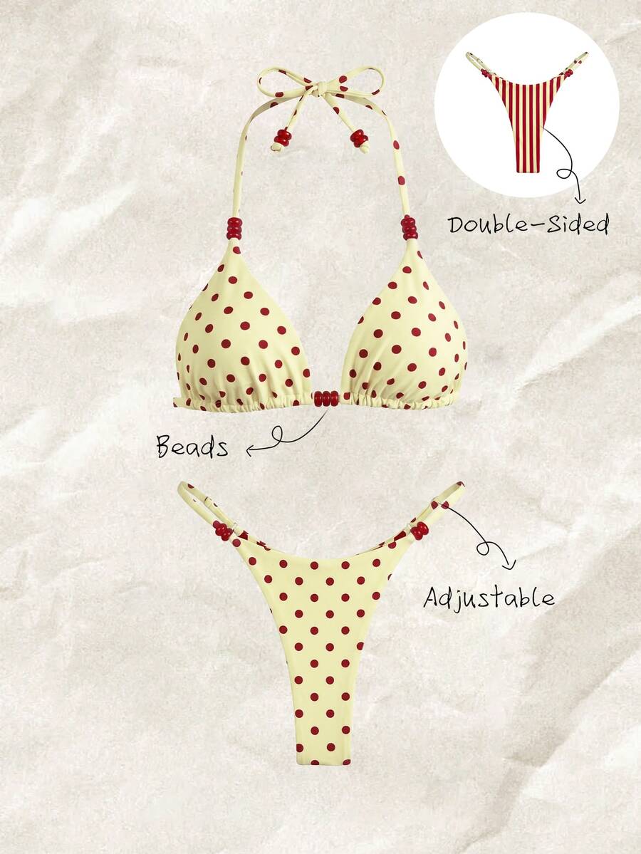 Elavelle Springbreak Women Beachwear Party Summer Outfits Solid Color Spaghetti Strap Sexy Bikini Set Red And White Polka Dot - Multicolor - View 1