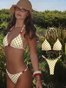 Elavelle Springbreak Women Beachwear Party Summer Outfits Solid Color Spaghetti Strap Sexy Bikini Set Red And White Polka Dot - Multicolor - View 2