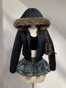Elamini 女款優雅街頭風休閒連帽拼接撞色毛絨長袖加厚外套，適合冬季日常穿著、外出約會，黑色 - 黑色 - 查看 4