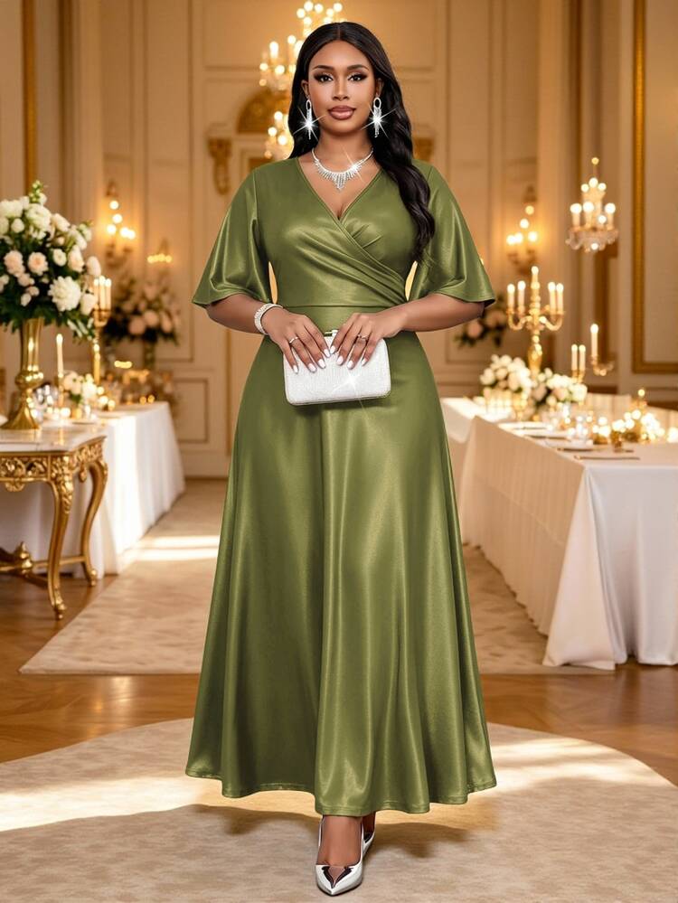 Fleurora Plus Size Women Solid Color V-Neck Pleated Casual Elegant Party Formal Dinner Wedding Formal Dinner Dress Wedding Olive Green Summer Wedding - Army Green - View 3