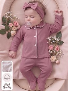 SHEIN 5套隨機發送 1套 春秋冬新生兒居家服 可愛花卉櫻花樹葉印花 白色杏色粉色棕色紫色紅色 彼得潘領開襟長袖上衣附腳套褲套裝，柔軟舒適，新生兒最佳禮物 - 彩色 - 查看 1